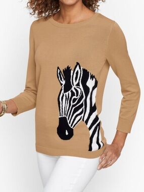 Talbots Crewneck Zebra Pullover Sweater - Camel/Black/White MP